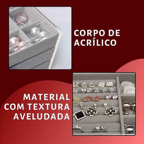 Porta Joias Organizador Acrílico Com 3 Gavetas Aveludada E Divisórias Super Prático e Design Elegant
