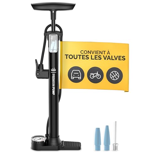 DANSI Pompe à vélo à Pied Toutes valves AV, SV, DV - Pompe à air pour vélo avec Grand manomètre, adaptateurs et réservoir | Pompe pour Moto, vélo...