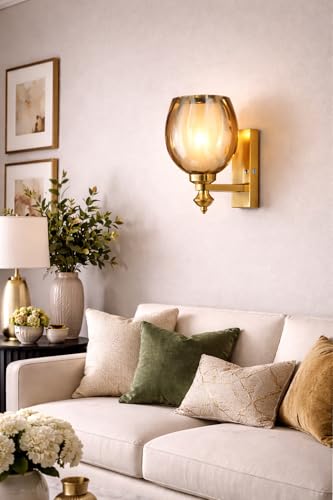 Image of Premium Gold Finish Elegant Amber Glass Shade Wall Light for Bedroom, Living Room, Restaurants, Dining, Coffee Shop, Home and Office Decorative Wall Sconce Light Fixture (Without Bulb)