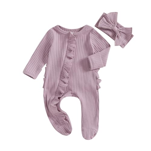 Image of Ayalinggo Newborn Baby Girl Fall Winter Outfits Clothes Knit Jumpsuit Ruffle Romper Newborn Coming Home Outfit for Baby Girl