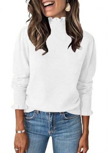 Image of Womens Ruffle Mock Neck Sweater Puff Long Sleeve Fall Trendy Pullover Tops | Fall Winter Clothes, Soft, Business Casual Outfits, Trendy Fashion, Knitted Shirts