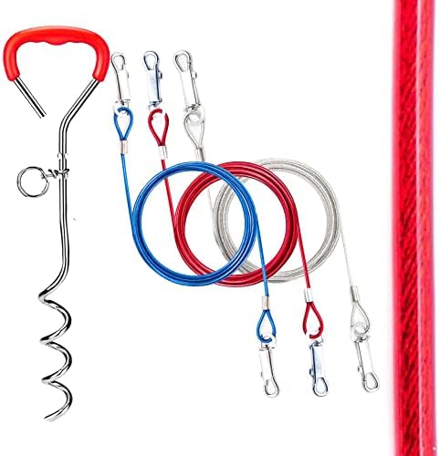 2 X 1.5m REFLECTIVE Dog Chains for Outside Tie Out Cable for Dogs Tether Steel Spiral Heavy Duty Ground Spike Stake (45cm) Dog Tether Outdoor Dog Camping Accessories Dog Lead Hook (Blue, Reflective)