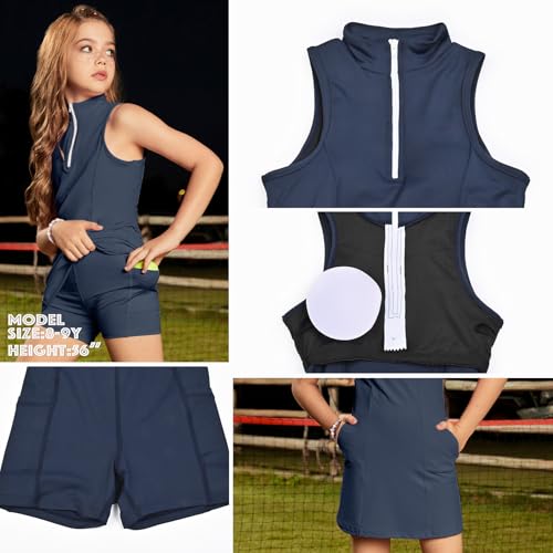 Image of Perfashion Girls Tennis Dress 1 /4 Zip Golf Outfit Built-in Bra & Shorts Pickleball Athletic Dress Workout Pockets 4-13Y