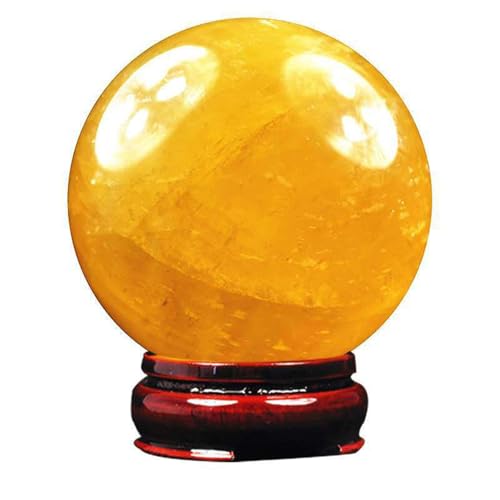 Ornement Feng Shui boule de cristal jaune et minéral de calcite 18cm