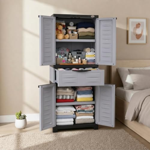 Image of Supreme Furniture Fusion 02 MDR 01 Multipurpose Plastic Cupboard | 40-Months Warranty* |Cabinet with 1 Drawer at Center| Spacious Shelves |Big Organiser for Bedroom Living Room Kids | DIY | Blue Grey