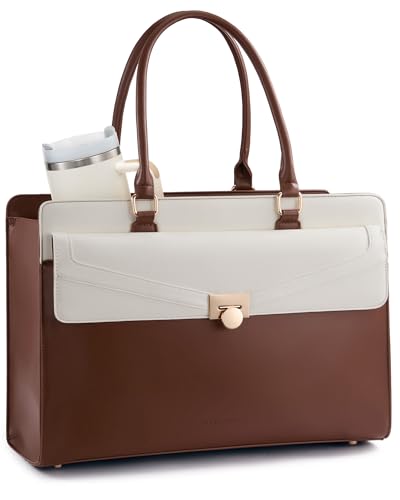 Image of LOVEVOOK Laptop Tote Bag for Women, PU Leather Work Bag, Teacher Tote | with Large Cup Holder, Waterproof Vintage Briefcase for Business Travel & Commute, Magnetic Snap, Padded Laptop Pocket