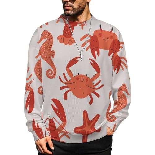 MoBlinko Mens Crewneck Sweater Blue White Lobsters Mens Sweater Sweaters for Men Long Sleeve Lightweight Pullover