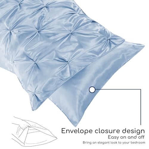 MR&HM Satin Comforter King 7 Pieces - Luxurious Pinch Pleat Bedding Set with Comforter, Flat Sheet, Fitted Sheet, Pillowcases & Shams, Super Silky Soft Bed Set for All Season (King, Blue Haze)