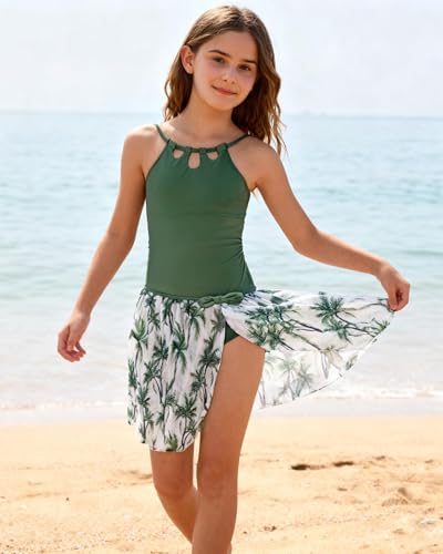 Image of Redair Girls Swimsuit One Piece Swimwear with Tropical Printed Cover Up Skirt Girls Bathing Suits Set 7-16 Years