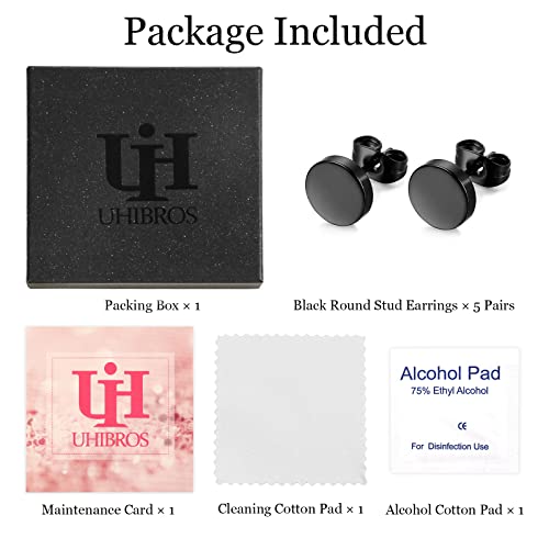 Uhibros Black Earrings For Men, Stainless Steel Mens Earrings For Men Women Hypoallergenic Cartilage Earrings Pack 5 Pairs 4Mm-8Mm #TOP6