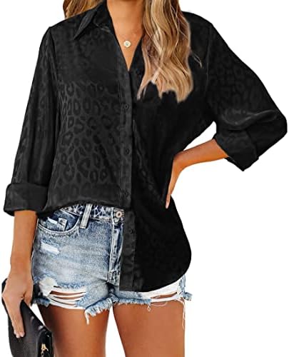 BTFBM Women's Satin Button Down Shirts Roll Up Long Sleeve Lapel V Neck Loose Casual Work Spring Summer Blouse Tops 2023(Leopard Black, Large)