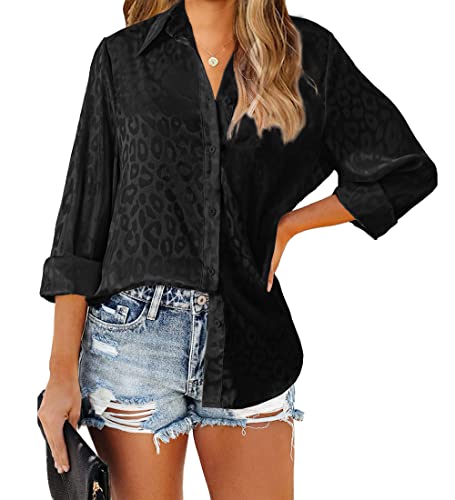 Btfbm Women's Satin Button Down Shirts Roll Up Long Sleeve Lapel V Neck Loose Casual Work Spring Summer Blouse Tops 2023(Leopard Black, Large) #TOP28