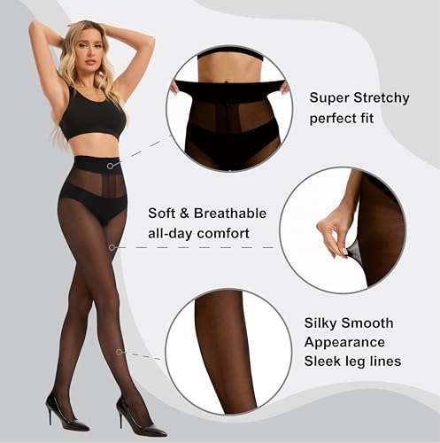 HeyUU 40D T-Crotch Sheer Pantyhose for Women, High Waist Stretchy Silky Stockings with Durable Reinforced Toes Black S-M - 2
