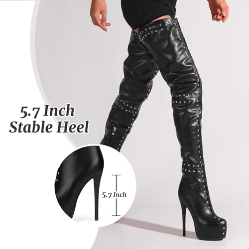 Over The Knee Boots for Women – Sexy Platform Stiletto Heels with Studded Design for Party and Club Wear Fashion Black Tight High Boots with Heel3