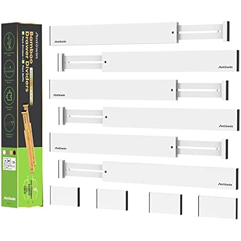 ANTOWIN Bamboo Drawer Dividers, Drawer Separators Splitter,17-22 inches Long Adjustable Spring-loaded Organizer for Large Utensil, Clothes, Tools Drawers, 6 Pack Dividers + 4 Pack Baffle (White) Cover