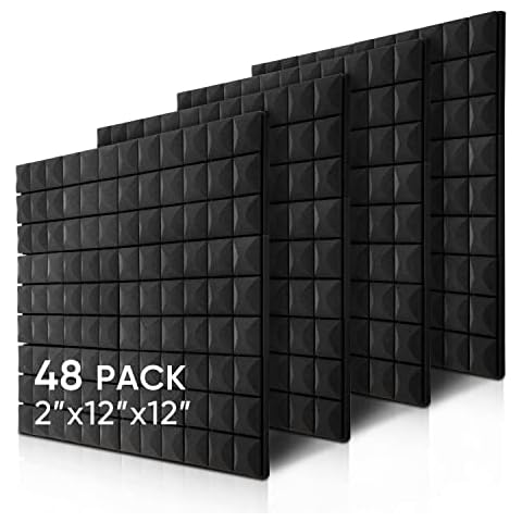 Fstop Labs Acoustic Foam Panels, 48 Pack Black 2" X 12" X 12" Mushroom Studio Wedge Tiles, Sound Panels Sound Proof Foam Panels Sound Proofing Padding For Wall Cover