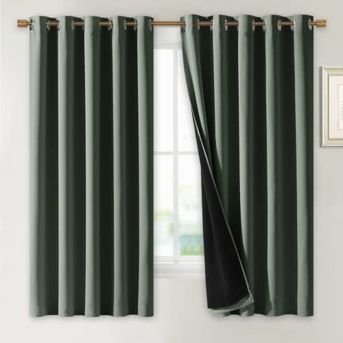 NICETOWN Dark Mallard 100% Blackout Lined Curtains, 2 Thick Layers Completely Blackout Window Treatment Thermal Insulated Drapes for Kitchen/Bedroom (1 Pair, 70" Width x 63" Length Each Pane