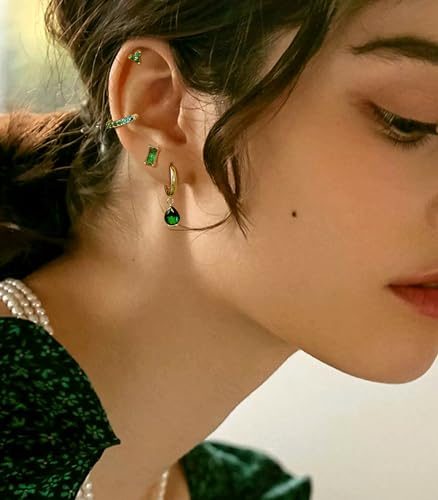 14K Gold Plated Hoop Earrings for Women 6 Pairs Emerald Green Earrings Dainty Small Hoop Earrings Stud Earrings Sets for Multiple Piercing3