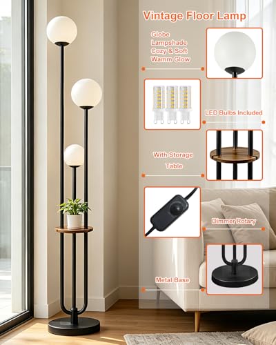 Image of Lightdot LED Floor Lamp Dimmable Globe Floor Lamps with Shelf Mid Century Modern Black Standing Lamp Candle Holder Style Soft Eye-Caring for Bedroom Living Room /Bedroom /Sofa Beside /Corner Decor