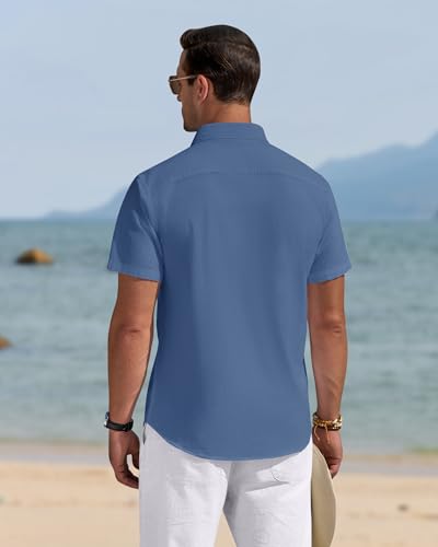 Image of J.VER Mens Linen Shirt Short Sleeve Button Down Casual Summer Shirts | Cotton Linen, Untucked, Big Tall, from Beach Camp Vacation, Cruise Fishing, Work Office, to Wedding Party Family, with Pocket