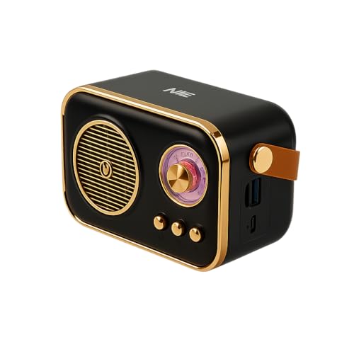 Image of MZ M209 Portable Bluetooth Speaker with Dynamic Bass, Retro Radio Design, Black and Gold