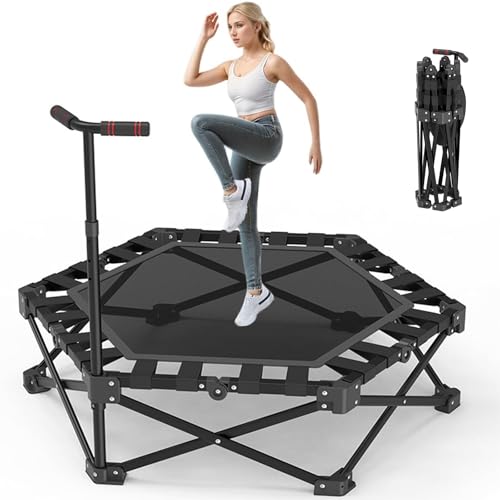 Rebounder plegable Trampolín, mini trampolín de fitness silencioso para entrenamiento en el hogar con barra de mango ajustable, trampolín de ejercicio tranquilo para entrenamiento personal de interior