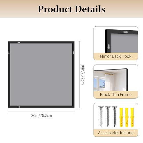 Image of COFENY Black Bathroom Mirror for Wall, 30x30 Inch Rectangle Mirrors with Metal Frame, Modern Vanity Wall Square Mirror for Bathroom Living Room, Entryway Hangs Horizontal or Vertical