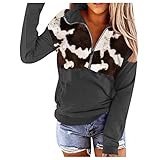 Women's Sweatshirt Cow Pocket Long Sleeve Zipper Collar Pullover Shirt Casual Fleece Jacket Women plus Size Dark Gray