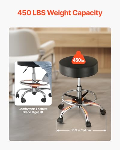 Image of VEVOR Rolling Stool with Foot Rest and Wheels, 450 LBS Weight Capacity Round Rolling Stool Chair, Height Adjustable Thickened PU Leather Swivel Stool for Salon, Spa, Massage, Tattoo, Clinic, Black