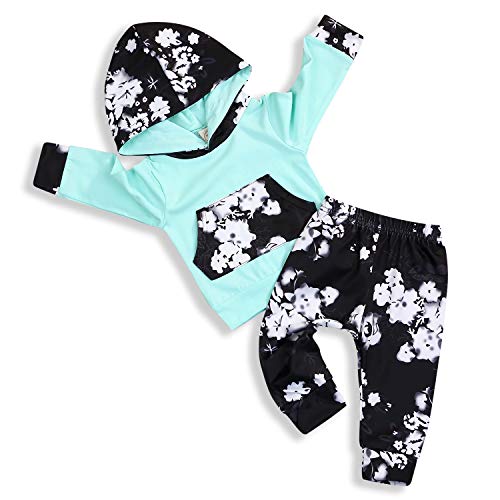 Infant Toddler Baby Girl Sweatshirt Floral Hoodie Outfits Tops +Pants Clothes Set (Green, 18-24 Months)