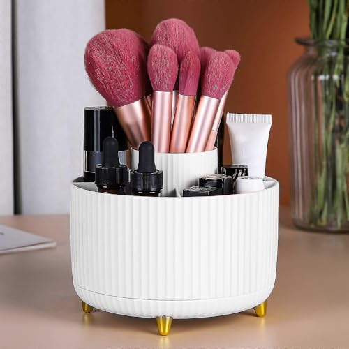 Makeup Brush Holder Organizer – 360° Rotating Makeup Brush Organizer - 5 Large Compartment Cosmetic Organizer -Eyeliner, Nail Polish, Art Supply, Bathroom Vanity Desktop Organizer (White)