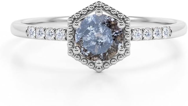 Aihpos Natural Herkimer Diamond Ring for Women – 1.0 CT Round Cut Salt and Pepper Diamond Ring Single Grey Diamond Ring 925 Sterling Silver 10K 14K 18K Gold Statement Ring for Her