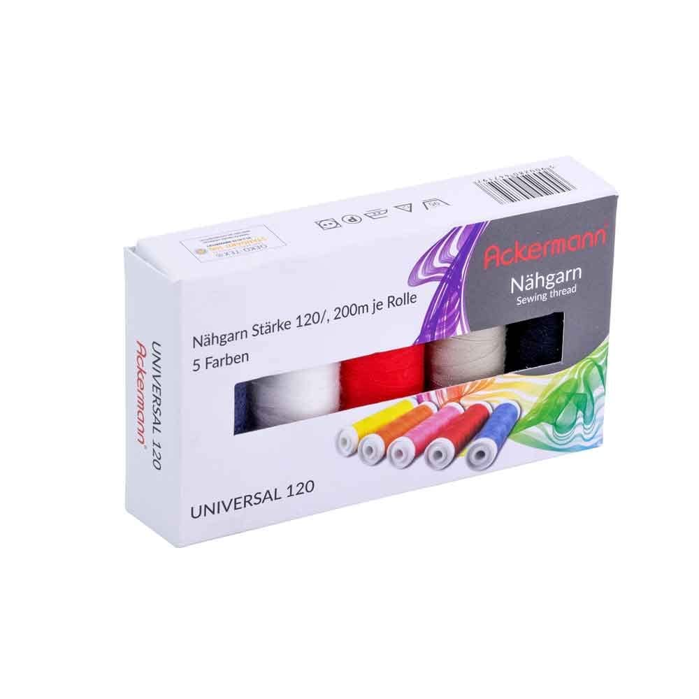 Ackermann Universeel Naaigaren 5x200m – 3x Wit + 2x Zwart, Dikte 120, 100% Polyester, Scheurvast Voor Alle Stoffen