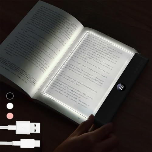 Book Light, Rechargeable Full-Page Clear LED Reading Light with 3 Color Modes & Timer, Dimmable Eye‑Friendly Lamp, Portable Flat Light for Reading in Bed, Perfect Gifts for Book Lovers (Black)