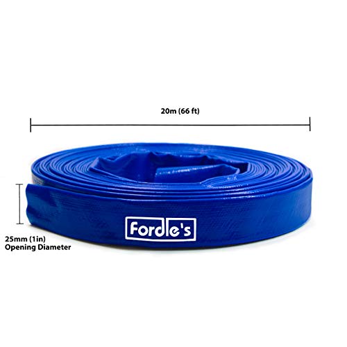 Fordle’s 20m x 25mm Diameter Layflat Discharge Hose Pipe Compatible with Submersible Water Pump – Blue PVC Reinforced with Polyester– Includes 2 Clips