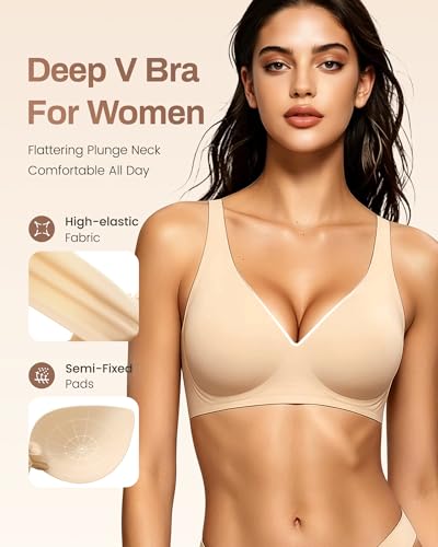 Image of Gailife Deep V Jelly Bras for Women No Underwire Wireless Seamless Push Up Bra Comfort Support Plunge Bralette Full Coverage