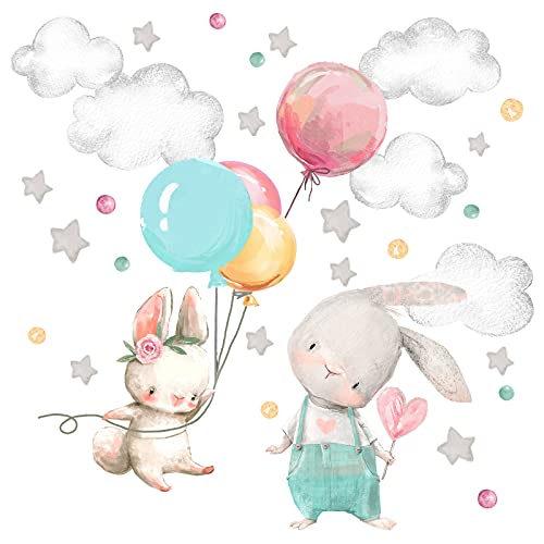 Little Deco DL602 - Adhesivo decorativo para pared de habitación infantil con diseño de liebre y globo, 96 x 64 cm (ancho x alto). Adhesivo con estrellas y nubes Cover