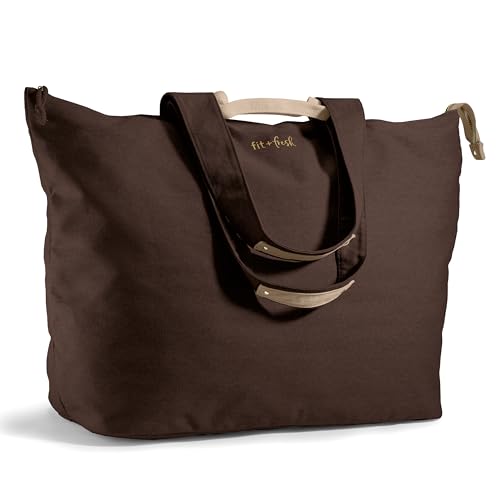 Image of Fit & Fresh XL Beach Tote Bag for Women - XL Travel Tote with Zipper & Pockets, Oversized Canvas Pool Bag, Weekender Carry-On