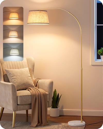EDISHINE Lampada da Terra per Soggiorno, Altezza Regolabile 143-176 cm, Lampada ad Arco con Testa Rotante, Struttura in Metallo, Telecomando Magnetico, Dimmerabile, Attacco E27 con LED 9W Inclusa