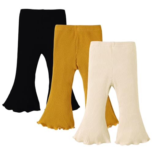 Image of SOBOWO Baby Girl Flare Pants 3 Pack Toddler Solid Ribbed Ruffle Bell Bottoms Pants Trousers Fall Outfits