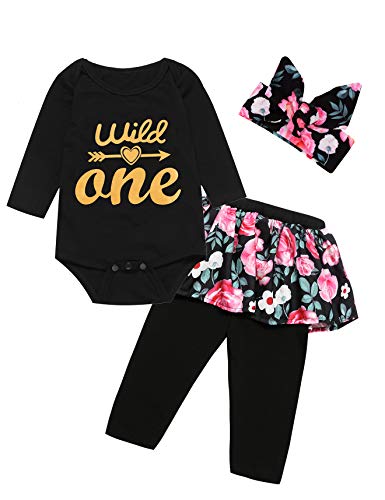 3PC Baby Grils Wild One Outfit Floral Long Sleeve Bodysuit + Pants + Headband Short Set (6-12 Months)