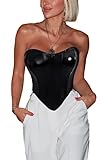 ABMOIU Leather Corset Tops for Women Strapless Lace Up Boned Sweetheart Neck Bodyshaper Bustier Sexy Crop Top Black Medium
