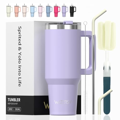 WATERSY 591 ml Vaso Termico con Pajita, Taza Termica de Acero Inoxidable, Termo Café Tapa, 20oz Taza de Café Morado con Asa para Frío y Caliente, Travel Mug para Gimnasio, Viaje