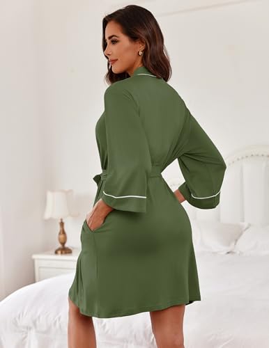 Image of Ekouaer Women Kimono Robes Knee Length Knit Bathrobe Lightweight Soft Sleepwear V-neck Casual Ladies Loungewear