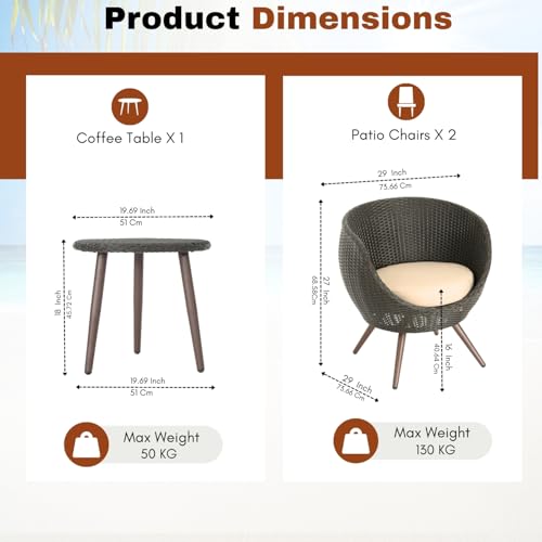 Image of DEVOKO 3 Pieces Outdoor Patio Wicker Furniture Conversation Set with Round Table for Balcony, Terrace, Garden (Dark Brown & Cream)