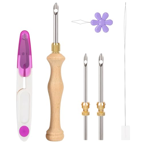 JSRQT Herramienta de Aguja de Perforación,Aguja de Punzonado Ajustable (5/3.5/2.5mm) con Mango de Madera,Agujas de Punzonar de Bordado,Kit de Herramienta de Costura