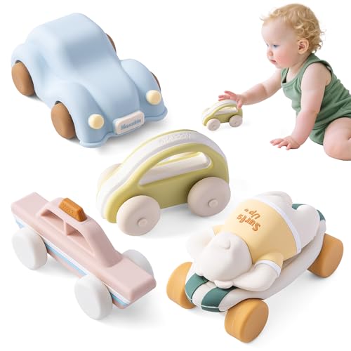 Moonkie Surf & Go Carros para crianças, embalagem de 5, brinquedos de silicone suave, presente infantil 6 meses + 12 3 anos, mordedor bebé, brinquedos Montessori, carros para bebés sem BPA, para casa
