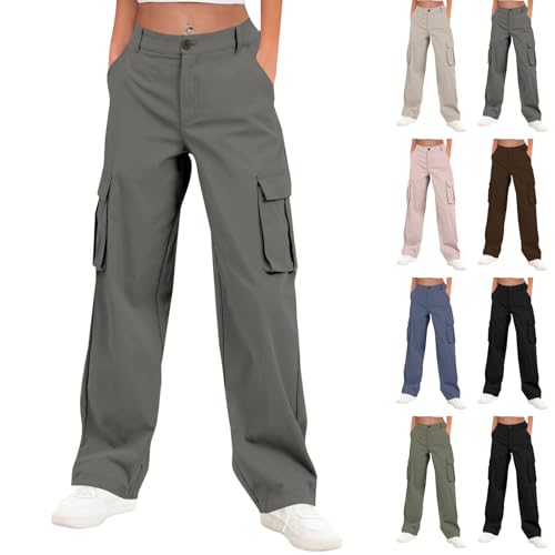 Cargo Pants Women Loose Hiking High Waisted Straight Leg Pants with Pockets Lightweight Comfy Button Lounge Pant