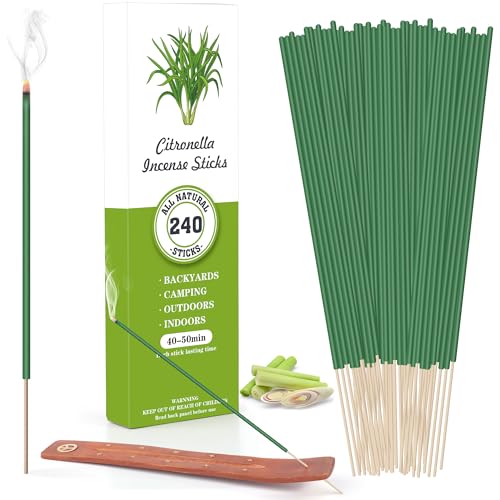Citronella Incense Sticks 240 Count Lemongrass Incense Sticks with Holder Natural Refreshing Citronella Burner Incense for Home Indoors Outdoor Garden Patio Camping