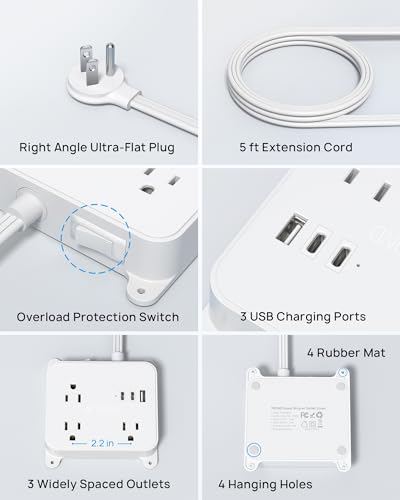 Image of TROND Flat Plug Power Strip - 5FT Ultra Thin Flat Extension Cord